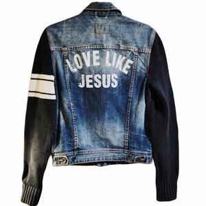 Love Like Jesus Custom Upcycled Guess Knit Sleeves Denim Jacket, S